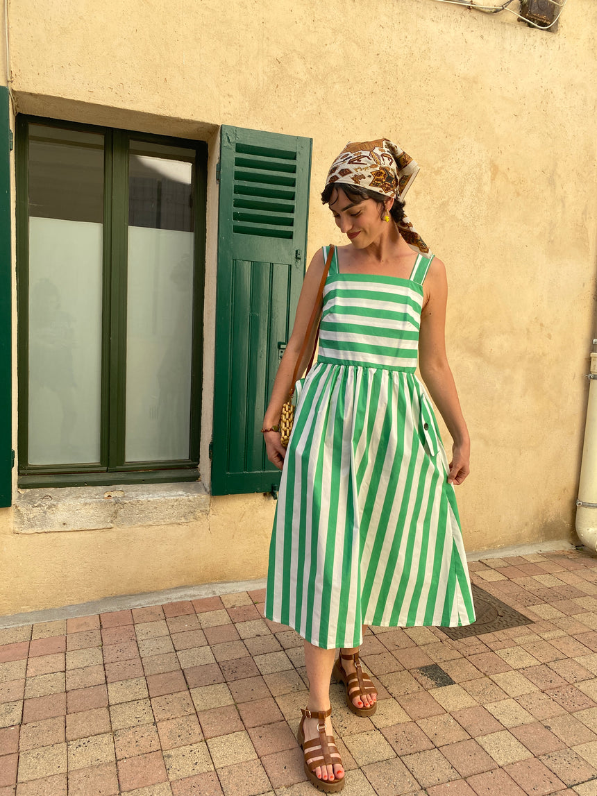 Robe rayée vert/ecru