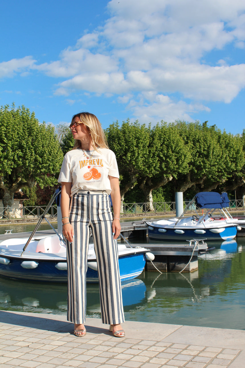 Pantalon rayé bleu jean